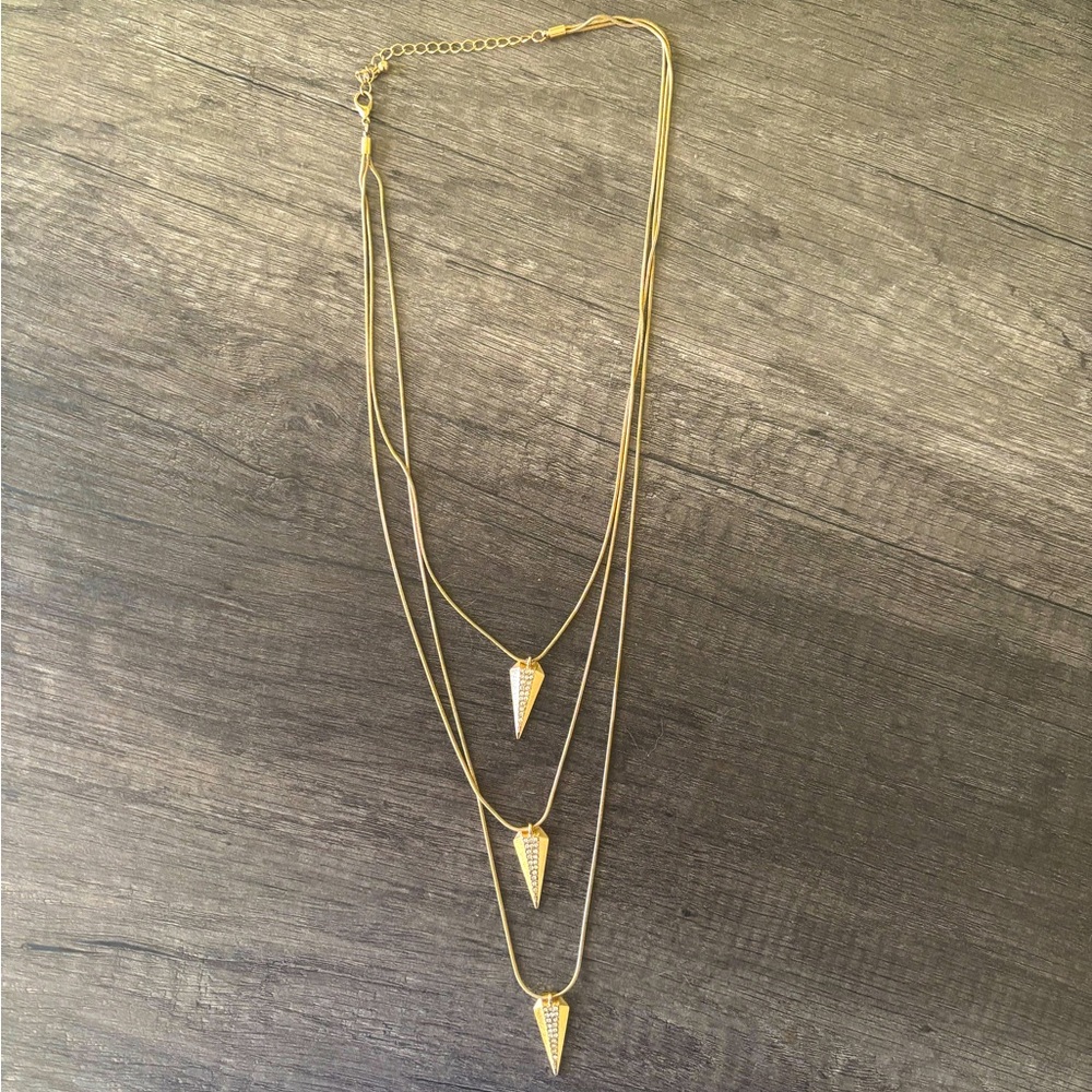 Gold Layered Necklace with Rhinestone Triangle Pendants
